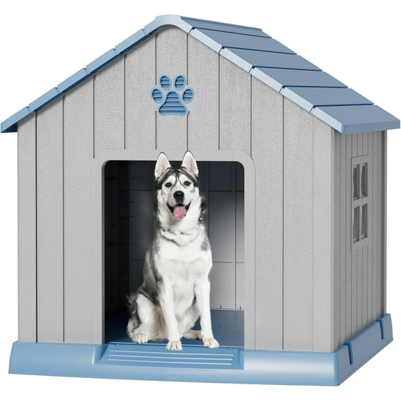 Large Dog House Indoor Outdoor for Medium Large Dogs, Weatherproof Puppy Shelter with Elevated Floor & Air Vents, Easy Clean and Assemble (Blue, 37.2L*40W*40H)