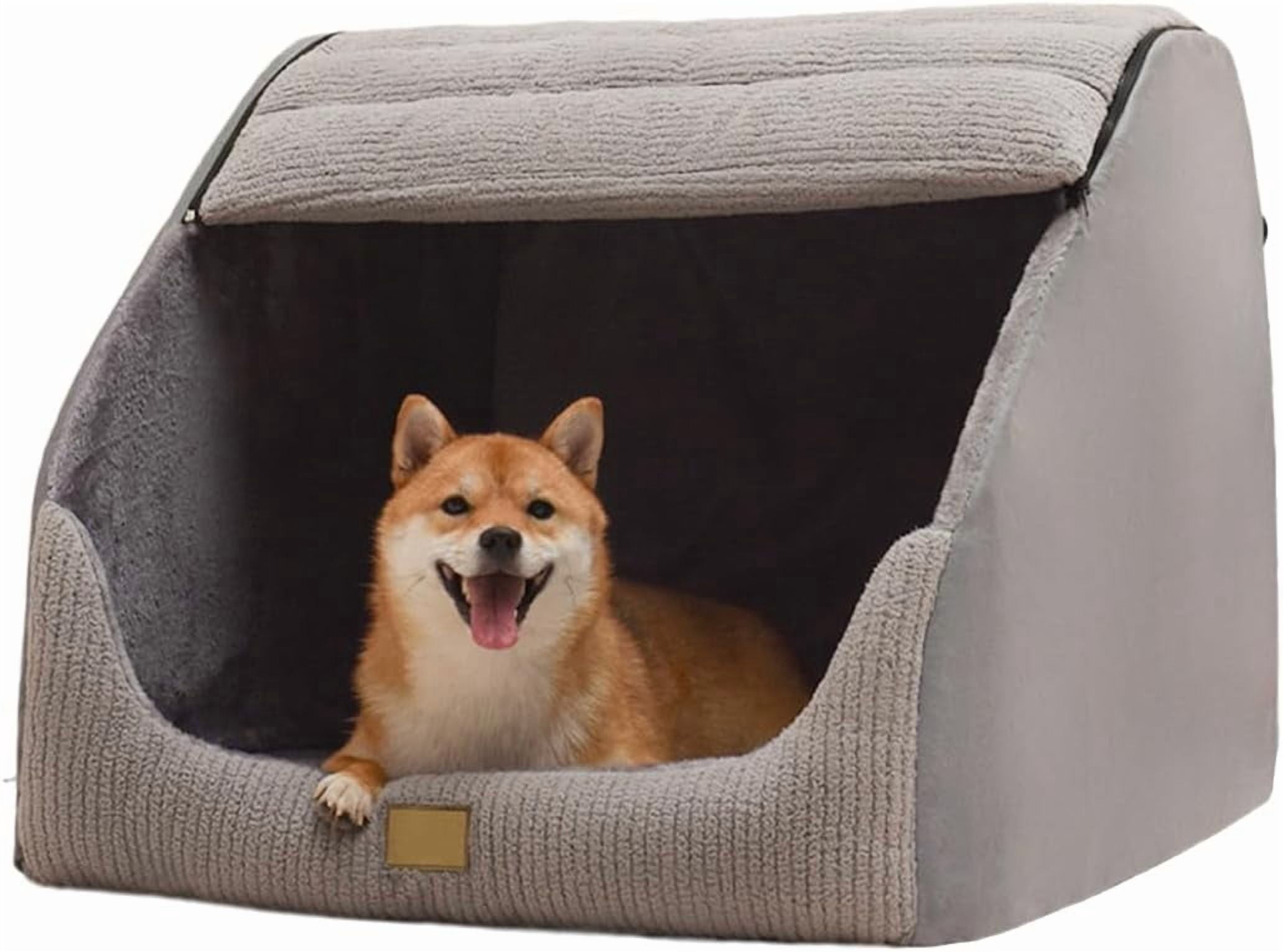 Large Dog House Indoor, Soft Plush Dogs Cave Bed Covered Pet Bed with Fluffy Washable Cushion, Portable Dog/Cat Pet Tent House for Medium Large Dogs (Grey, Medium)