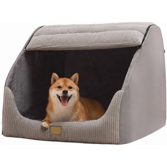 Large Dog House Indoor, Soft Plush Dogs Cave Bed Covered Pet Bed with Fluffy Washable Cushion, Portable Dog/Cat Pet Tent House for Medium Large Dogs (Grey, Medium)