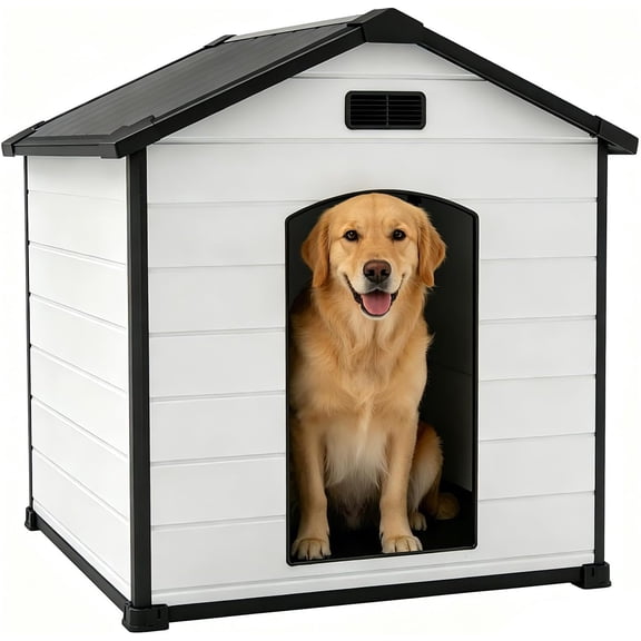 Large Dog House Outdoor – 43inch Weatherproof Resin Plastic Kennel with Elevated Floor & Air Vent, Extra Large Shelter for Large Breed Dogs, White & Black