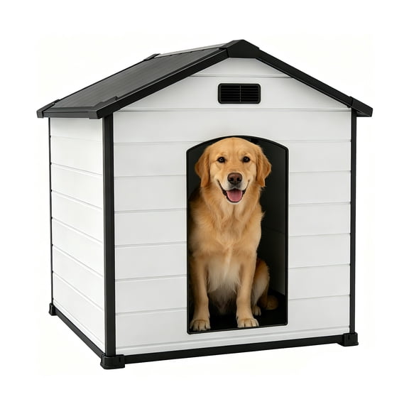 Large Dog House Outdoor 46"Dx40"Wx40"H Weatherproof Resin Plastic Dog Kennel for Extra Large Breeds, Elevated Floor & Air Vent