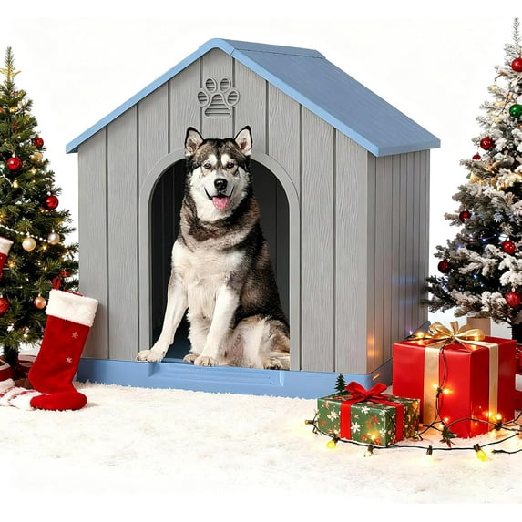 Large Dog House Outdoor Indoor, Durable Plastic Waterproof Doghouse with Air Vents and Elevated Floor, Easy Clean and Assemble for Medium Large Dogs (Classic Blue, 36.2''L×38''W×38''H)