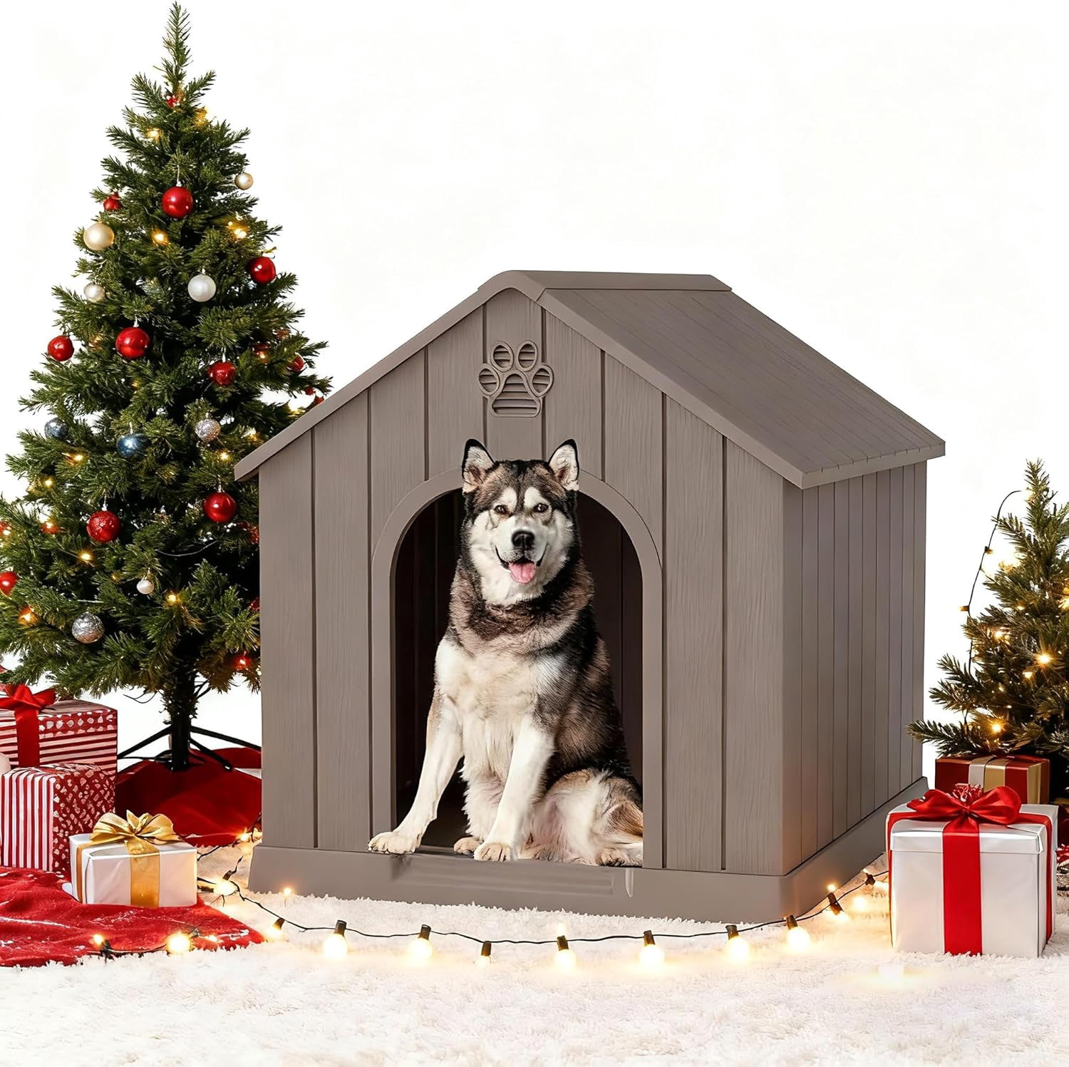 Large Dog House Outdoor Indoor, Durable Plastic Waterproof Doghouse with Air Vents and Elevated Floor, Easy Clean and Assemble for Medium Large Dogs (Classic Grey, 36.2''L×38''W×38''H)