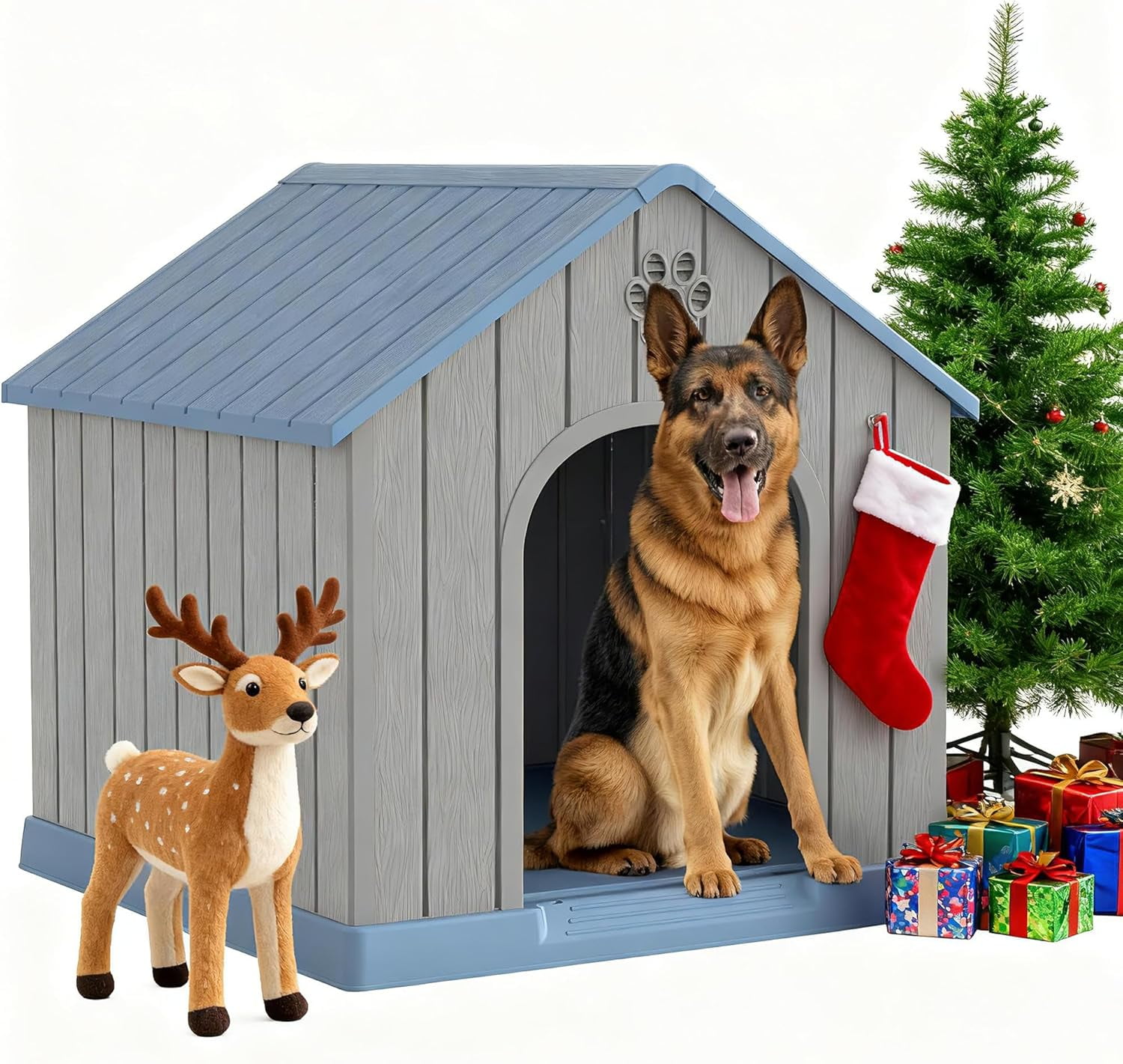 Large Dog House Outdoor Indoor for Medium Large Dogs, Durable Plastic Waterproof Doghouse with Air Vents and Elevated Floor, Easy Clean and Assemble (Blue, 36.2''L×38''W×38''H)