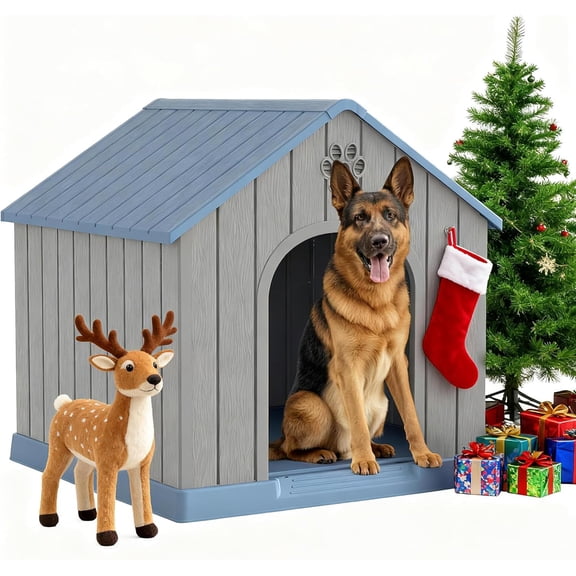 Large Dog House Outdoor Indoor for Medium Large Dogs, Durable Plastic Waterproof Doghouse with Air Vents and Elevated Floor, Easy Clean and Assemble (Blue, 36.2''L×38''W×38''H)