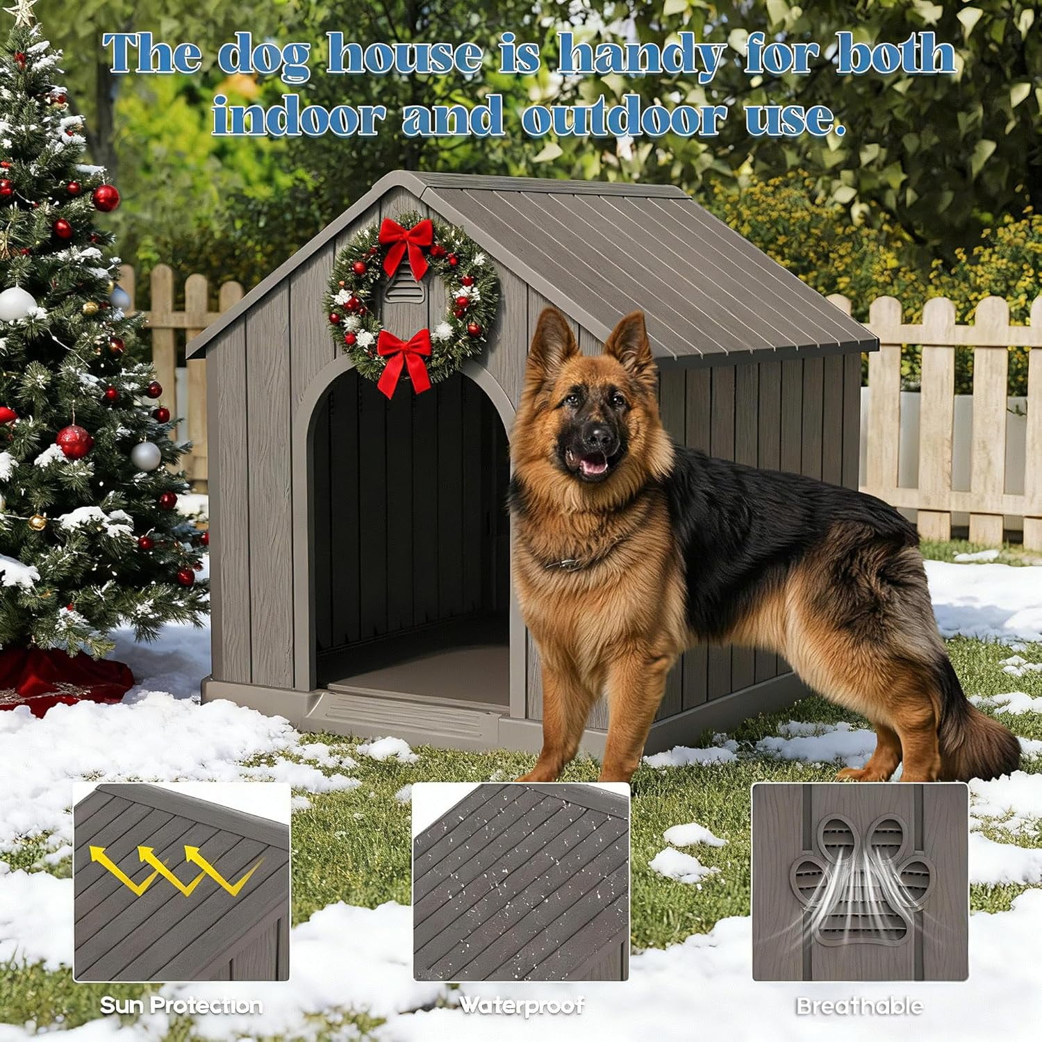 Large Dog House Outdoor Indoor for Medium Large Dogs, Durable Plastic Waterproof Doghouse with Air Vents and Elevated Floor, Easy Clean and Assemble (Light Grey, 36.2''L×38''W×38''H)