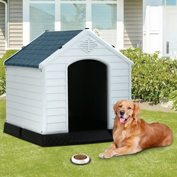 Large Dog House Plastic Dog Kennel Indoor Outdoor for Large Dogs, 39 inch All Weather Doghouse Puppy Shelter with Air Vents and Elevated Floor Ventilate,Blue