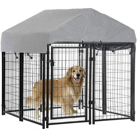 Large Dog Kennel 4'x4'x4.4' Heavy Duty Welded Wire Dog Cage with Water Resistant Cover, Outdoor Dog House with Mesh Sidewalls& Secure Lock for Large Dogs, Black