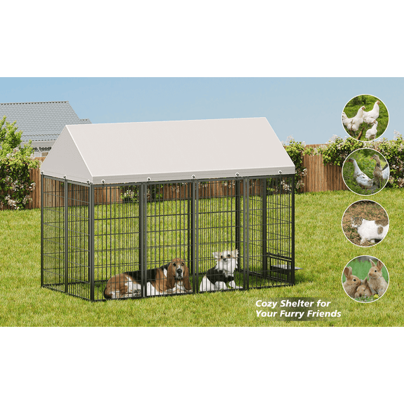 Large Dog Kennel Outdoor Pet Pens Dogs Run Enclosure Animal Hutch Metal Coop Fence with Roof Cover. 7.94'L x 4.13'W x 5.95'H.