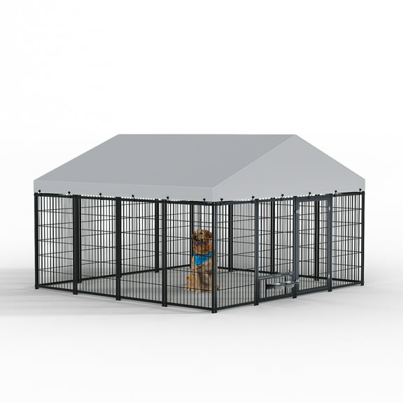 Large Dog Kennel Outdoor Pet Pens Dogs Run Enclosure Animal Hutch Metal Coop Fence with Roof Cover. 9.62'L x 9.35'W x 6.18'H.