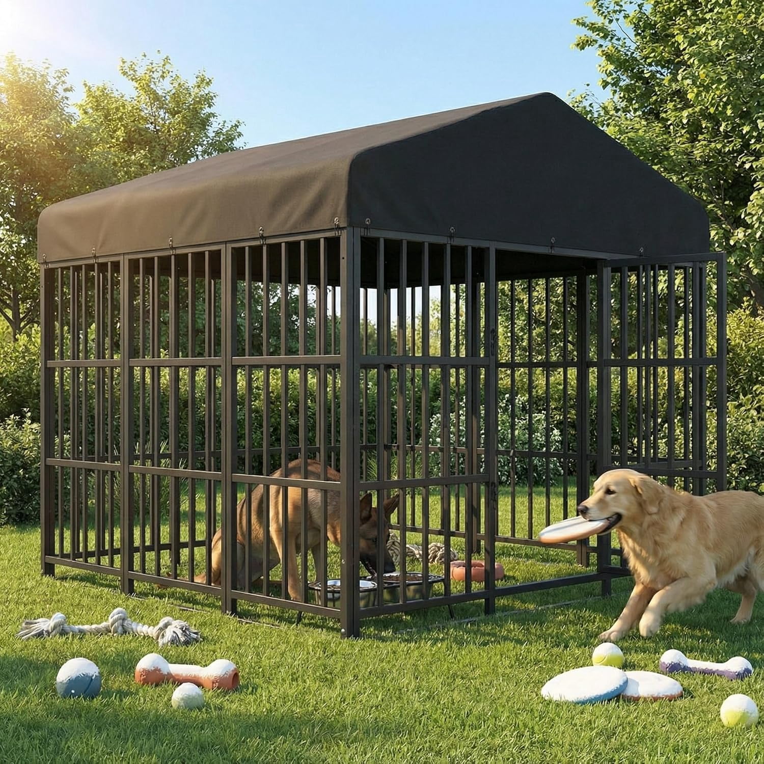 Large Dog Kennel Outdoor with Double Safety Locks 73''x72''x71'' Heavy Duty Welded Wire Steel Pet Pen Dog Enclosure with UV-Resistant Waterproof Roof