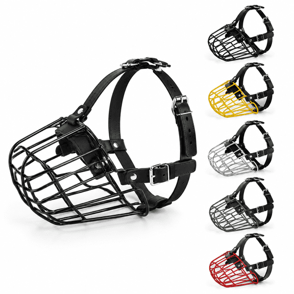Large Dog Metal Basket Muzzle with Adjustable Leather Straps, Black