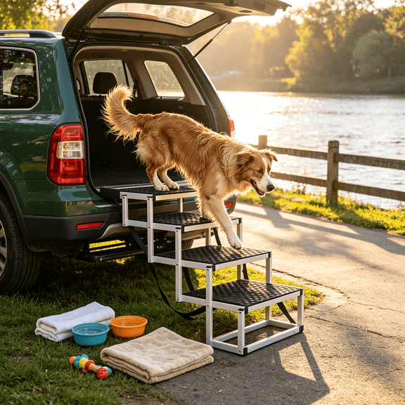 Large Dog Outdoor Steps, Black Portable Foldable Pet Stairs for Cars SUVs Trucks, Heavy Duty Non-Slip Vehicle Ramp for Camping Hiking Travel