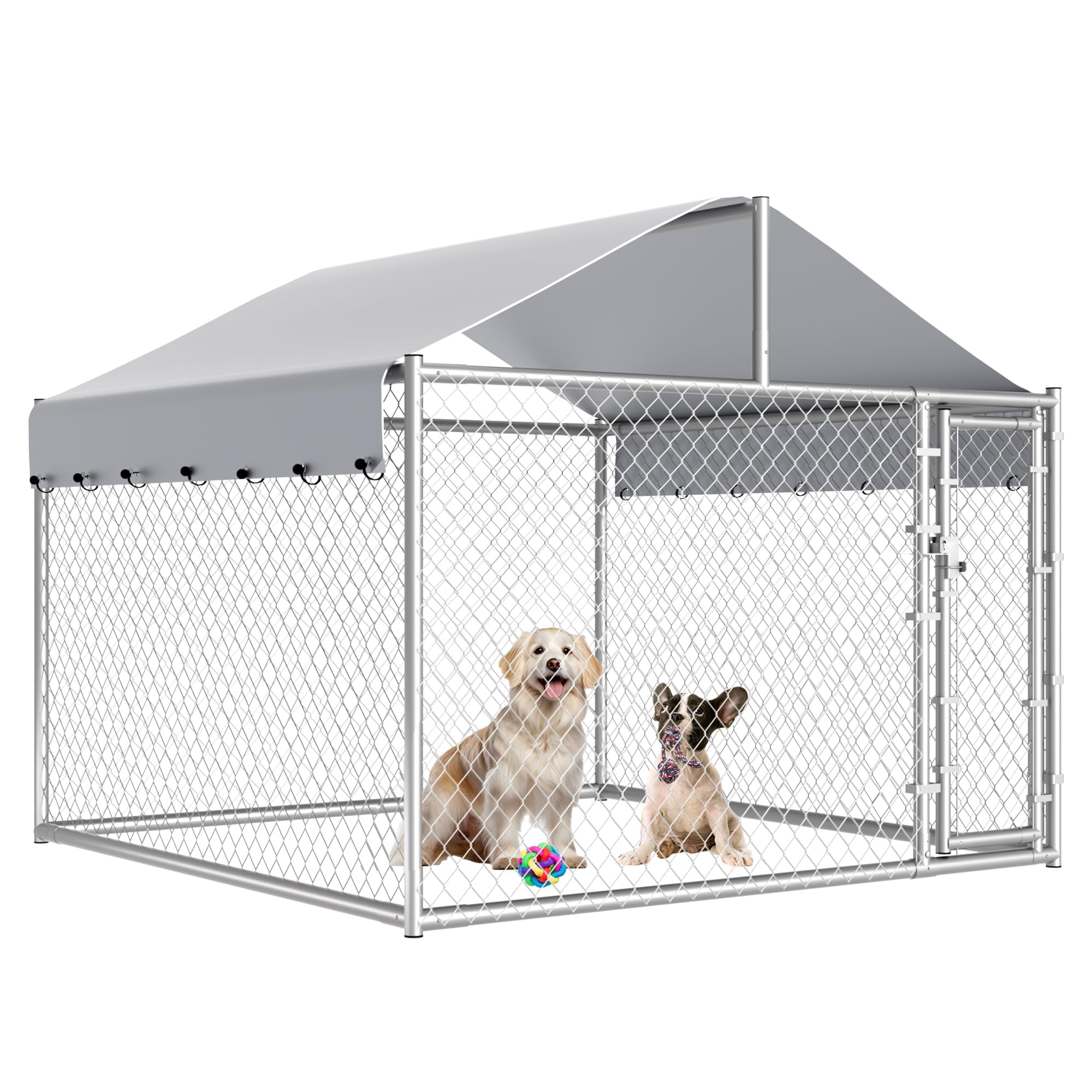 Large Dog Playpen Outdoor Heavy Duty Chain Link Metal Kennel Exercise Pen with Lockable Door Waterproof Canopy for Medium Large Dogs Silver