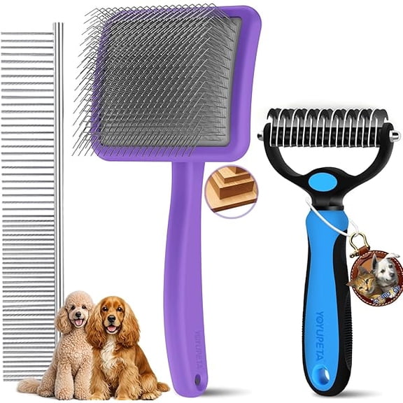 Large Dog Slicker Brush for Goldendoodles, Poodles - 3 in 1 Grooming Kit with Undercoat Rake, Comb - Extra Long Pins for Dematting Great Pyrenees, Thick Coats, Shedding, Detangling, Purple