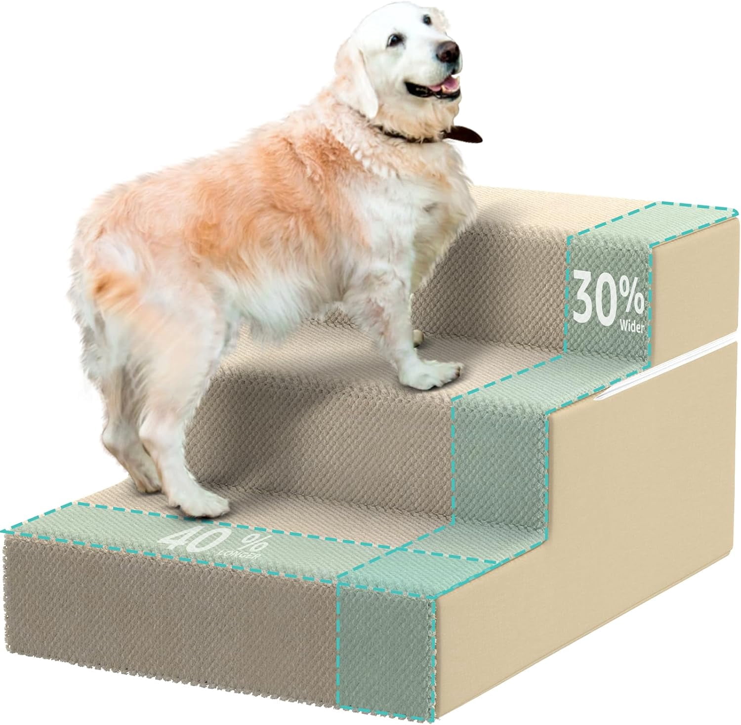 Large Dog Stairs for High Beds - Extra Wide Pet Steps for Large Dogs to Get on Tall Bed 3 Deep Step Cat Ramp for Couch Beige