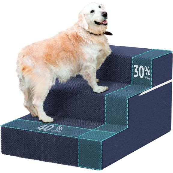 Large Dog Stairs for High Beds - Extra Wide Pet Steps for Large Dogs to Get on Tall Bed 3 Deep Step Cat Ramp for Couch Navy Blue