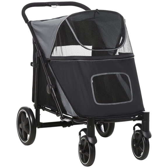 Large Dog Stroller with Storage, One-Click Foldable Pet Stroller for Medium Dogs, Shock Absorbing Wheels, Mesh Window, Gray Steel Frame, 44L x 25.5W x 39.25H