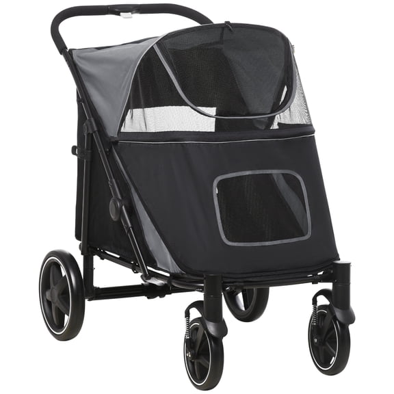 Large Dog Stroller with Storage, One-Click Foldable Pet Stroller for Medium Dogs, Shock Absorbing Wheels, Mesh Window, Gray Steel Frame, 44L x 25.5W x 39.25H