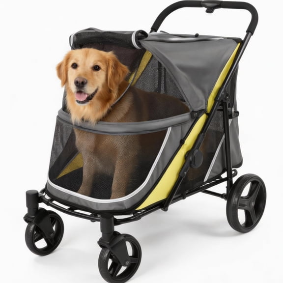 Large Dog Stroller with 130 lb Capacity, Foldable 4-Wheel Pet Jogger with Foot Brake, Weather Cover & Storage Basket, Gray