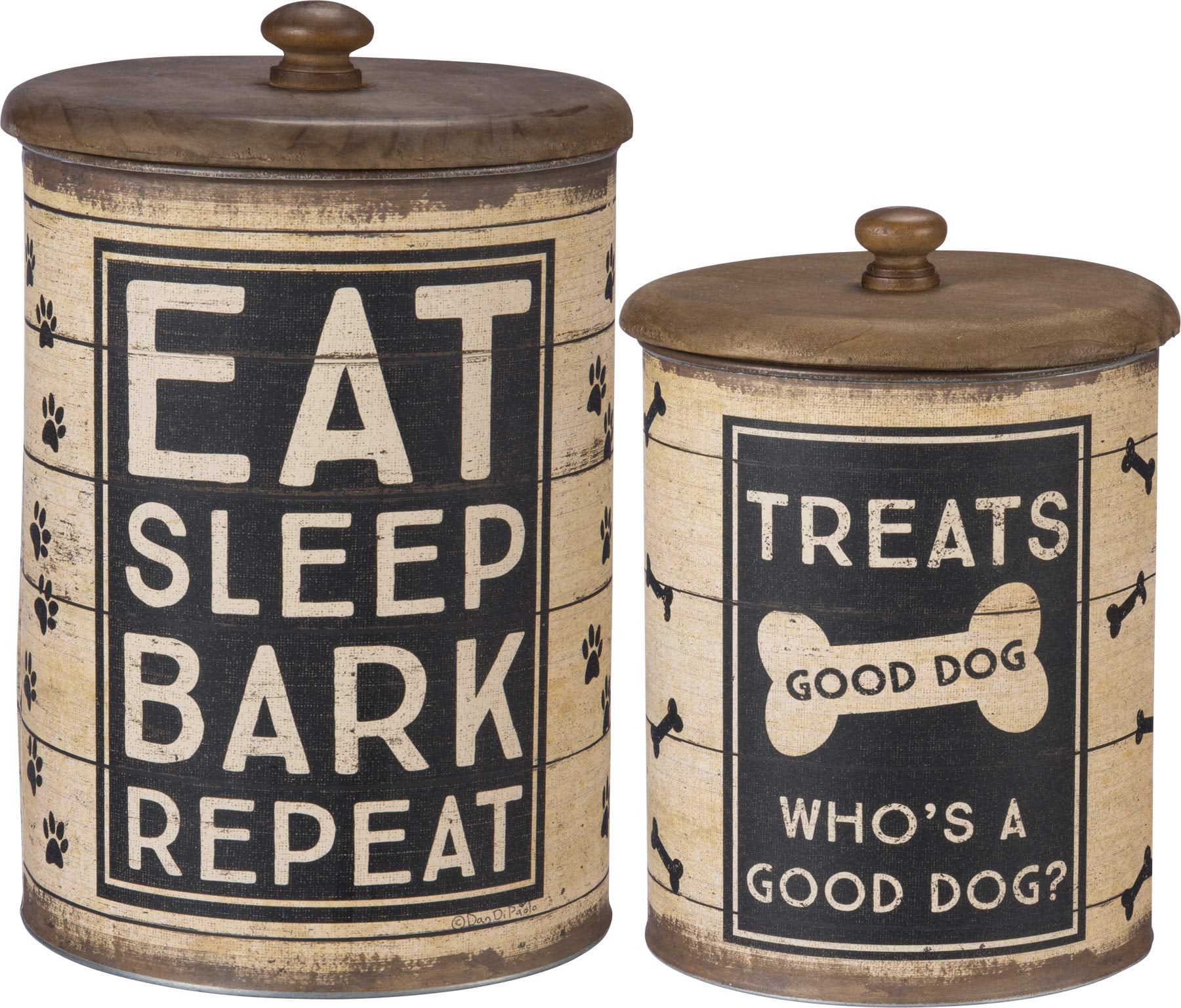 Rustic Off-White and Brown Metal Dog Treat Canisters, Set of 2