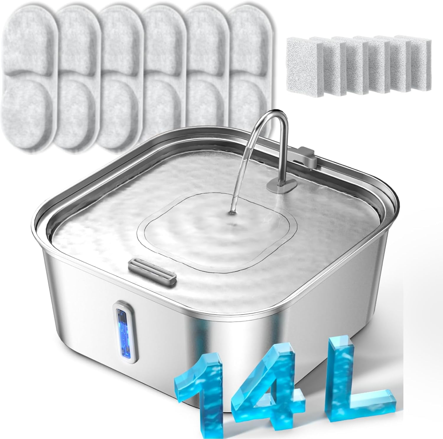 Large Dog Water Fountain 14L/3.7Gal, Stainless Steel Pet Fountain for Large Dogs and Multi-Pets Families, Visible Window & Extra Wide Drinking Area, Enlarges Capacity & Saves Space