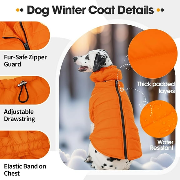 Large Dog Winter Coat with Back Zipper & Detachable Scarf, Waterproof Warm Dog Snow Jacket, Dogs Puffer Vest for Golden Retriever, German Shepherd, Orange 2XL