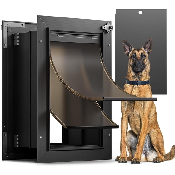 Large Doggy Door for Walls Black Aluminum Dog Door Metal Pet Door for Interior & Exterior Wall, Heavy Duty Doggie Door for Dogs up to 110lb, with 2 Magnetic Flaps, Closing Panel & Telescoping Tunnel
