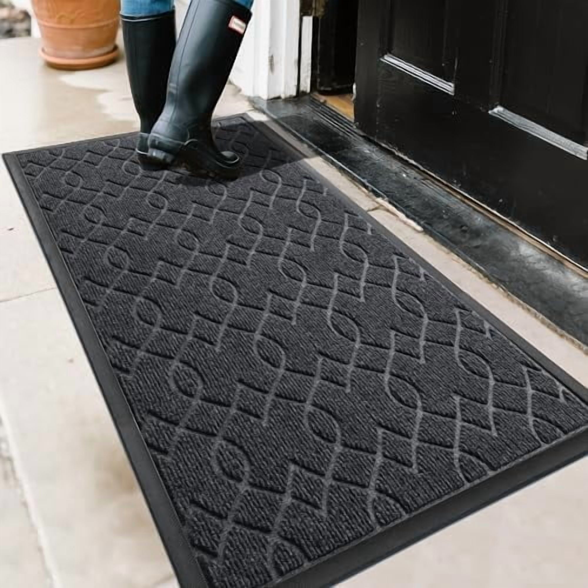 Large Door Mat 47x24, All-Season Waterproof Doormat Outdoor Entrance, Heavy Duty Non-Slip Outside Door Mat for Garage Patio Proch Entryway Indoor, Easy Clean, Black Gray