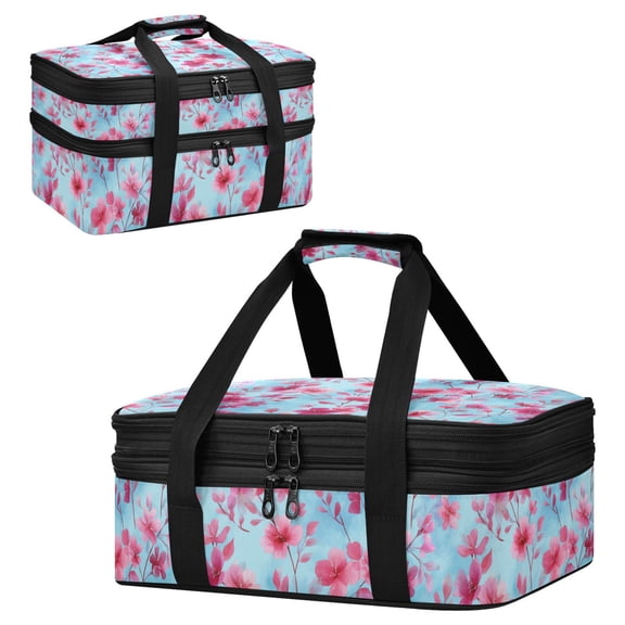 Large Double Decker Insulated Casserole Carrier Expandable 2-Layer Thermal Food Tote Bag Cute Pink Delicate Flowers Hot Cold Pizza Lasagna Holder for Potluck Picnic Party Camping