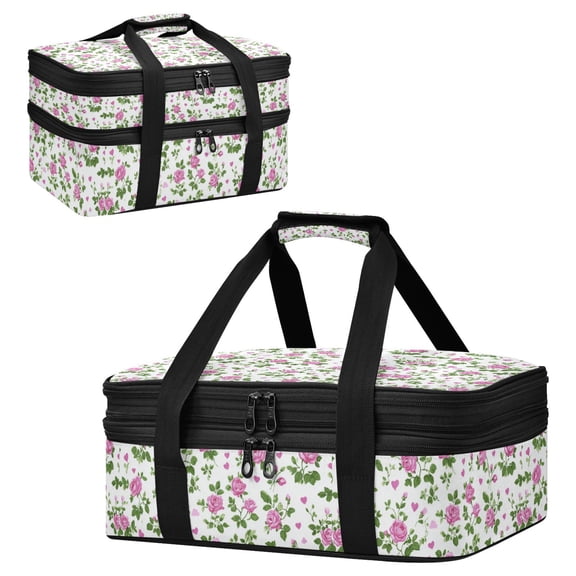 Large Double Decker Insulated Casserole Carrier Expandable 2-Layer Thermal Food Tote Bag Delicate Pink Rose Print Hot Cold Pizza Lasagna Holder for Potluck Picnic Party Camping