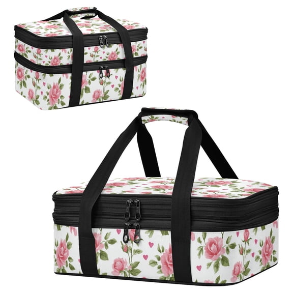 Large Double Decker Insulated Casserole Carrier Expandable 2-Layer Thermal Food Tote Bag Floral Rose Seamless Print Hot Cold Pizza Lasagna Holder for Potluck Picnic Party Camping