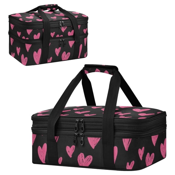 Large Double Decker Insulated Casserole Carrier Expandable 2-Layer Thermal Food Tote Bag Neon Pink Heart Pattern Hot Cold Pizza Lasagna Holder for Potluck Picnic Party Camping