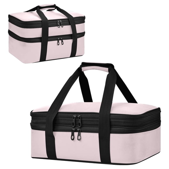 Large Double Decker Insulated Casserole Carrier Expandable 2-Layer Thermal Food Tote Bag Plain Soft Blush Pink Texture Hot Cold Pizza Lasagna Holder for Potluck Picnic Party Camping