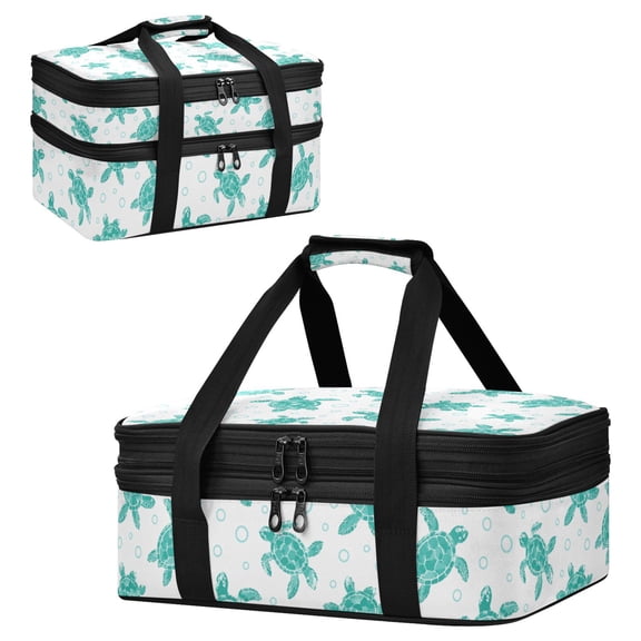 Large Double Decker Insulated Casserole Carrier Expandable 2-Layer Thermal Food Tote Bag Turquoise Seamless Turtle Pattern Hot Cold Pizza Lasagna Holder for Potluck Picnic Party Camping