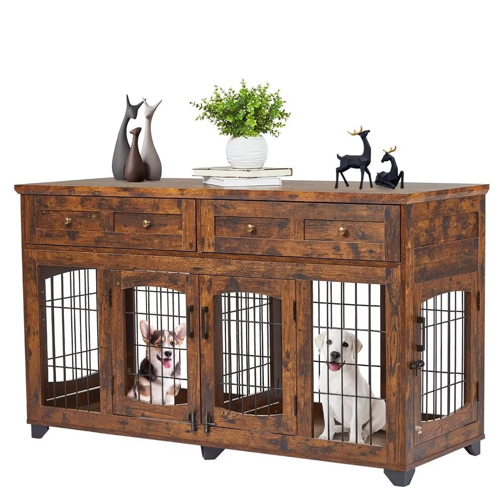 Large Double Dog Crate Furniture with Openable Partition & 2 Drawers
