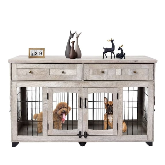Large Double Dog Crate Furniture with Openable Partition & 2 Drawers, 58" Wooden Dog Crate Table TV Stand, Grey