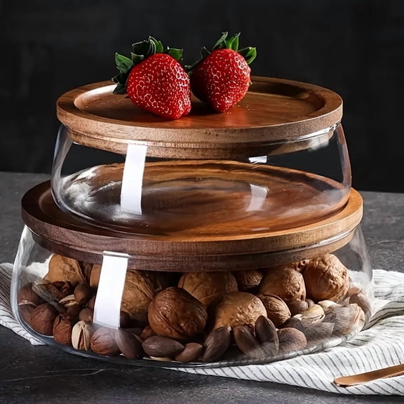 Large Double Glazed Glass & Wood Storage Bowl with Lid - Pantry Organizer for Nuts Fruits Cereals Table Decor