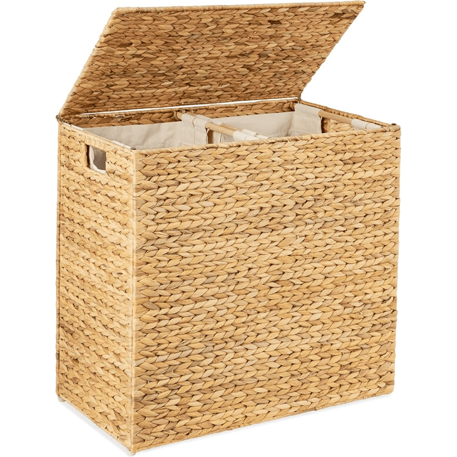 Large Double Laundry Hamper with Lid, Natural Handwoven Water Hyacinth, 2 Sections w/ 2 Machine Washable Linen Liner Bags, Portable, Handles - Natural