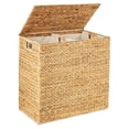 thumbnail image 1 of Large Double Laundry Hamper with Lid, Natural Handwoven Water Hyacinth, 2 Sections w/ 2 Machine Washable Linen Liner Bags, Portable, Handles - Natural, 1 of 7