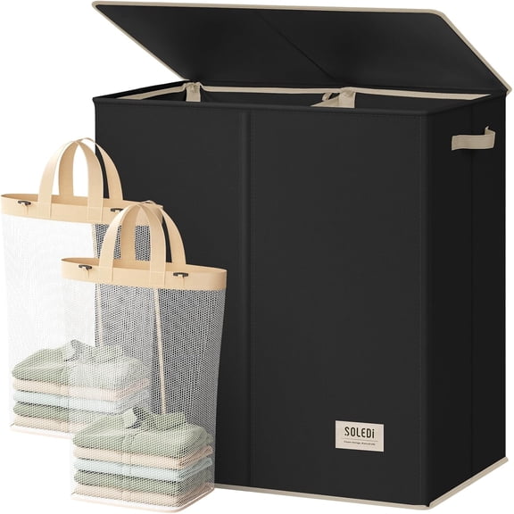 Large Double Laundry Hamper with Lid 165 L Two-Section Collapsible Basket with Removable Bags
