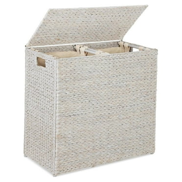 Large Double Laundry Hamper with Lid, Natural Handwoven Water Hyacinth, 2 Sections w/ 2 Machine Washable Linen Liner Bags, Portable, Handles - White