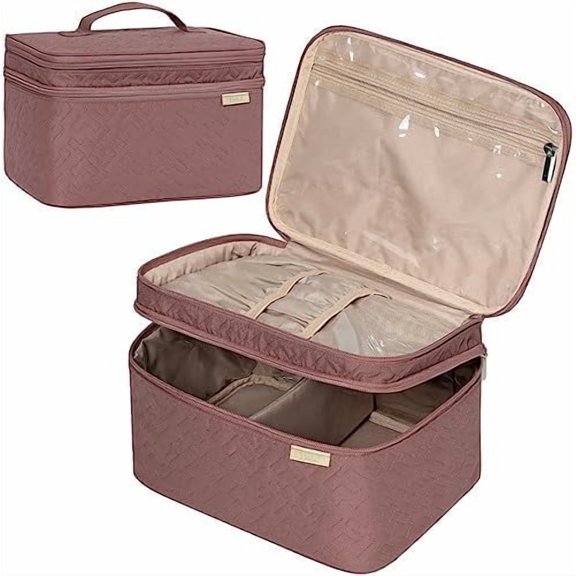 Large Double Layer Travel Makeup Bag Women, Large Case, Organizer for Travel-Size Accessories Bottles, Brushes, Conditioner, and Care Products, Rose-