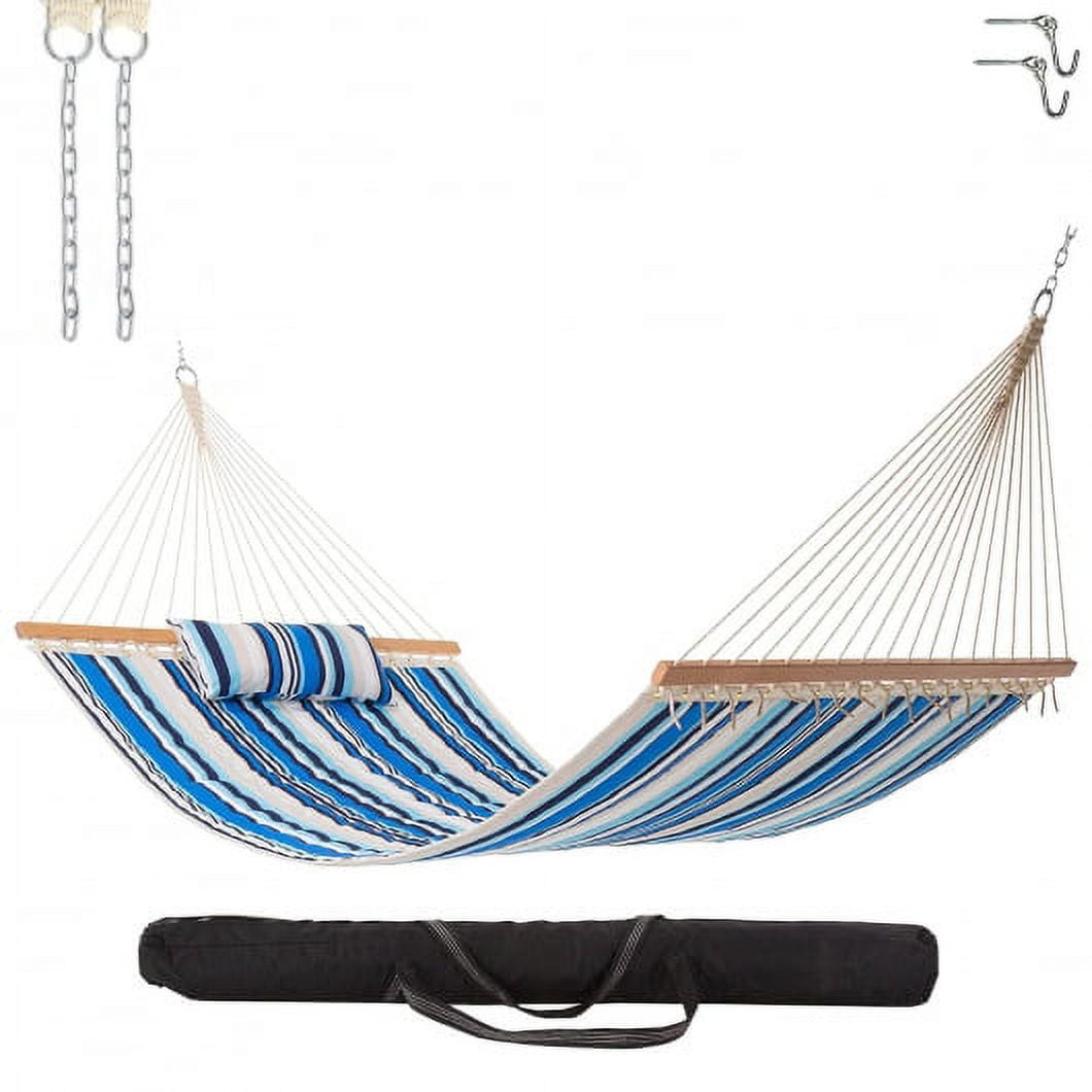 Large Double Quilted Hammock with Detachable Pillow - Blue/Beige Stripe