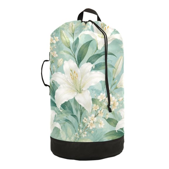 Large Drawstring Laundry Backpack Bag, Delicate Lily Pattern Art Durable Foldable Travel Laundry Bag with Shoulder Straps for College Dorm Camping