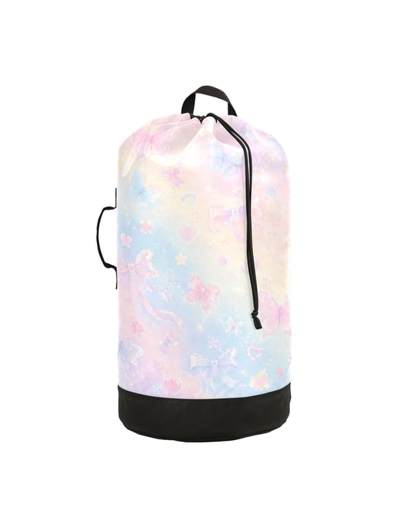 Large Drawstring Laundry Backpack Bag, Dreamy Pink Blue Ribbon Print Durable Foldable Travel Laundry Bag with Shoulder Straps for College Dorm Camping