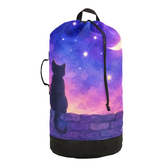 Large Drawstring Laundry Backpack Bag, Night Sky Cat Wall Durable Foldable Travel Laundry Bag with Shoulder Straps for College Dorm Camping