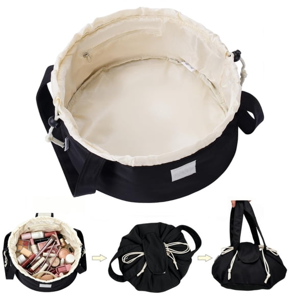 Large Drawstring Makeup Bag, Lay Flat Cosmetic Bag for Women Girls, Portable Travel Toiletry Bag with Handle, Barrel Cosmetic Pouch for Skincare, Brushes & Travel Essentials(Black)