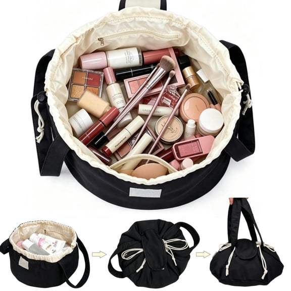 Large Drawstring Makeup Bag, Lay Flat Cosmetic Bag for Women Girls, Portable Travel Toiletry Bag with Handle, Barrel Cosmetic Pouch for Skincare, Brushes & Travel Essentials(Black)