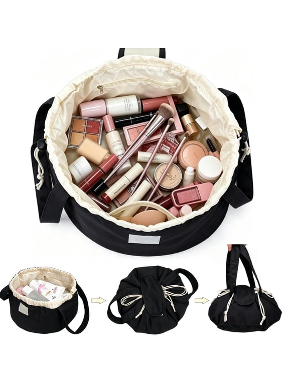 Large Drawstring Makeup Bag, Lay Flat Cosmetic Bag for Women Girls, Portable Travel Toiletry Bag with Handle, Barrel Cosmetic Pouch for Skincare, Brushes & Travel Essentials(Black)